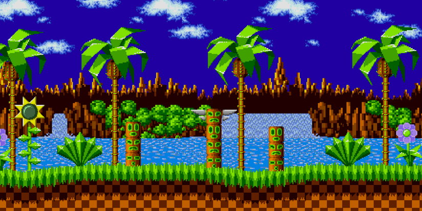 A screenshot from the original Sonic the Hedgehog game showing the Green Hil Zone.