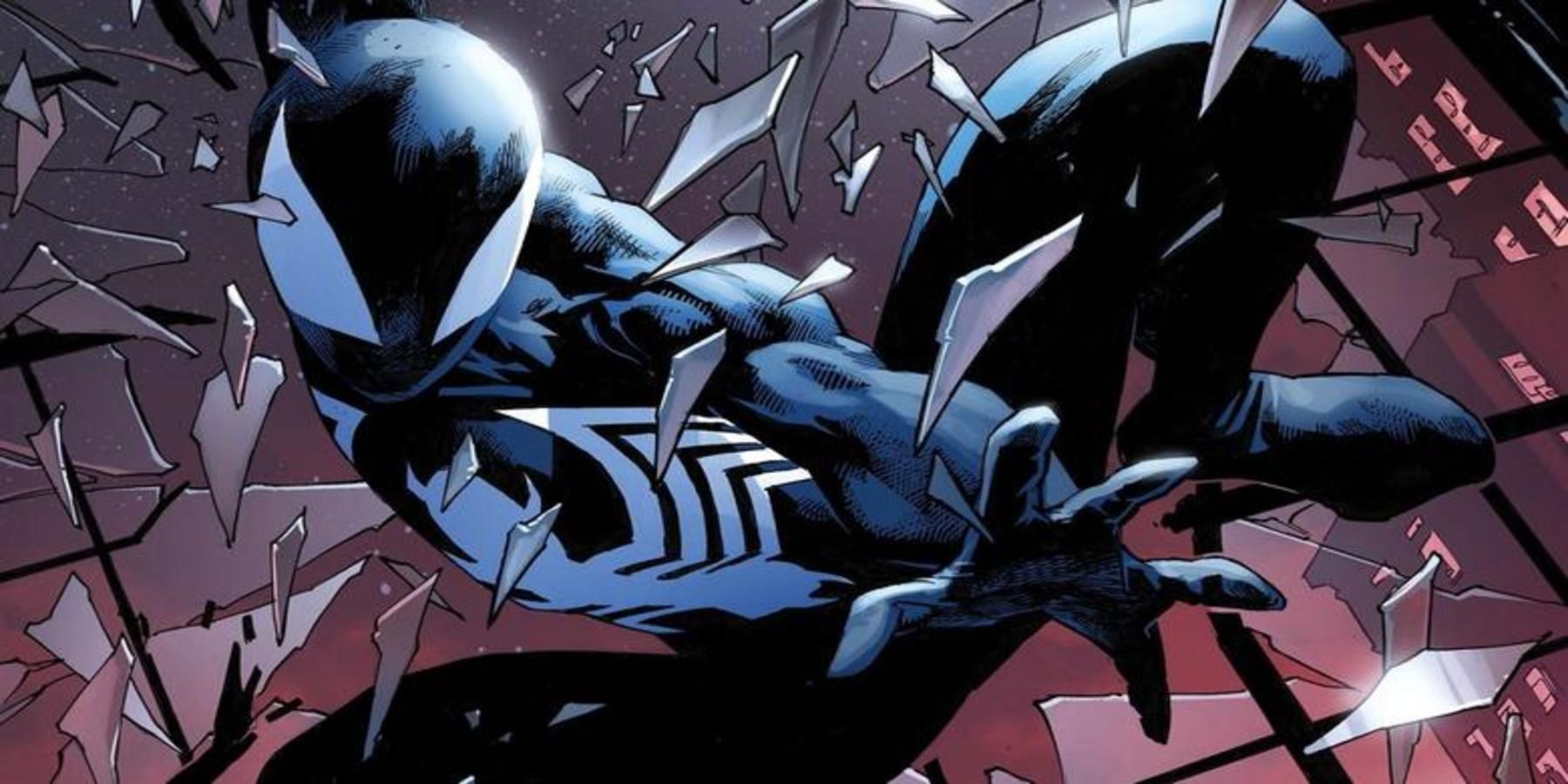Peter Parker crashes through a window as Spider-Man in his black Venom suite.