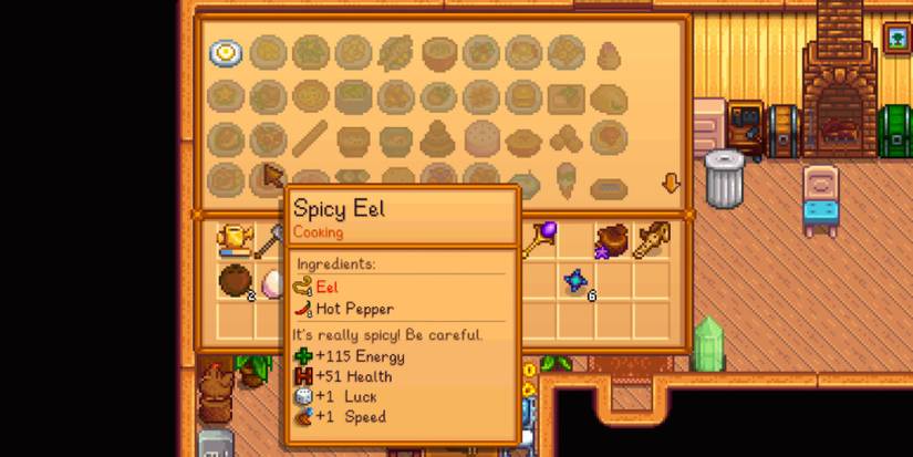 stardew cooking menu with spicy eel selected