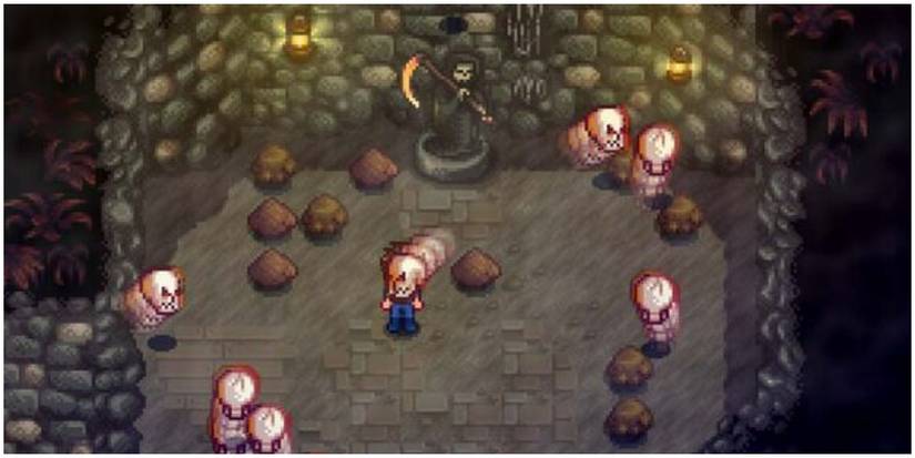 stardew valley player being attacked by floating skulls in the quarry mine