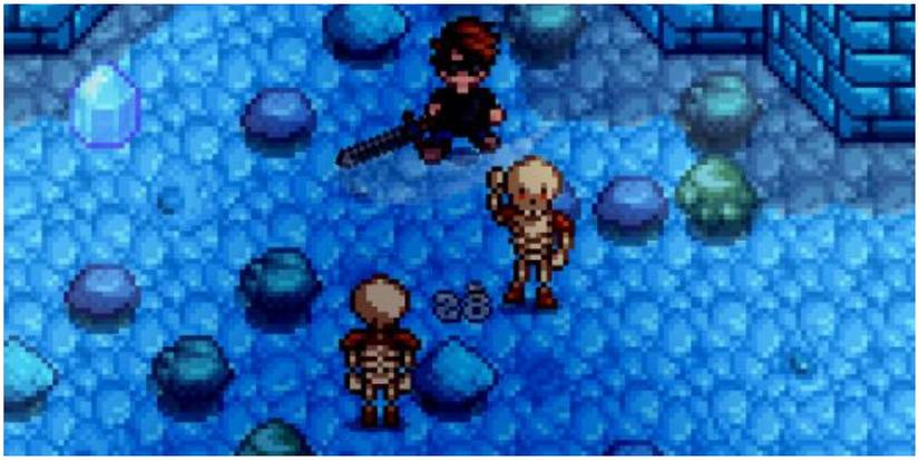 stardew valley player fighting 2 skeletons