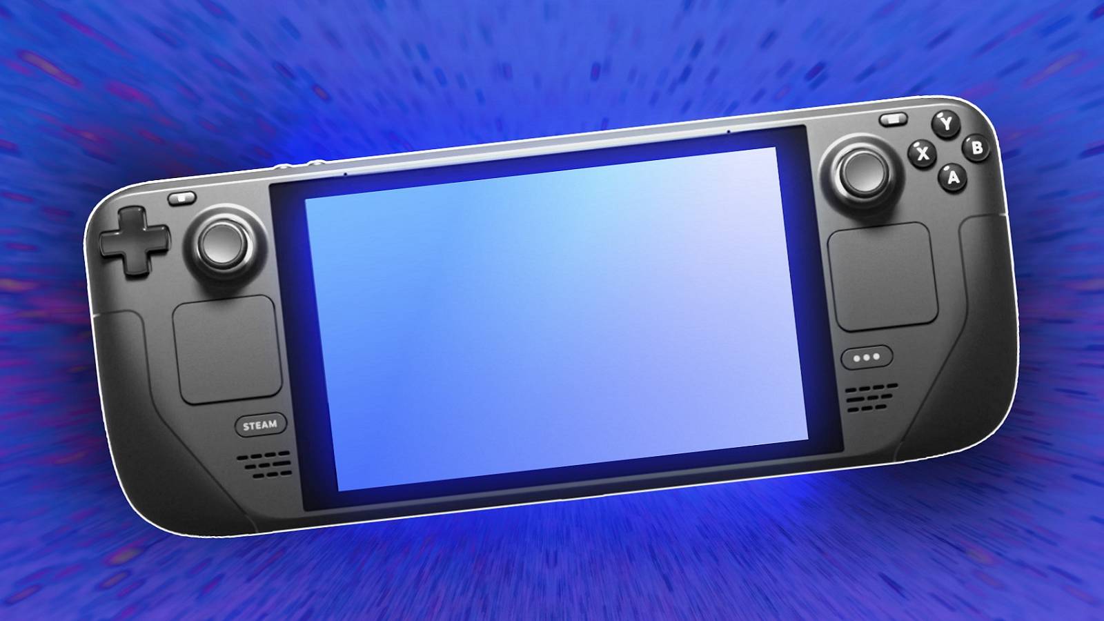 Photo of the Valve Steam Deck in front of a flashy purple background.