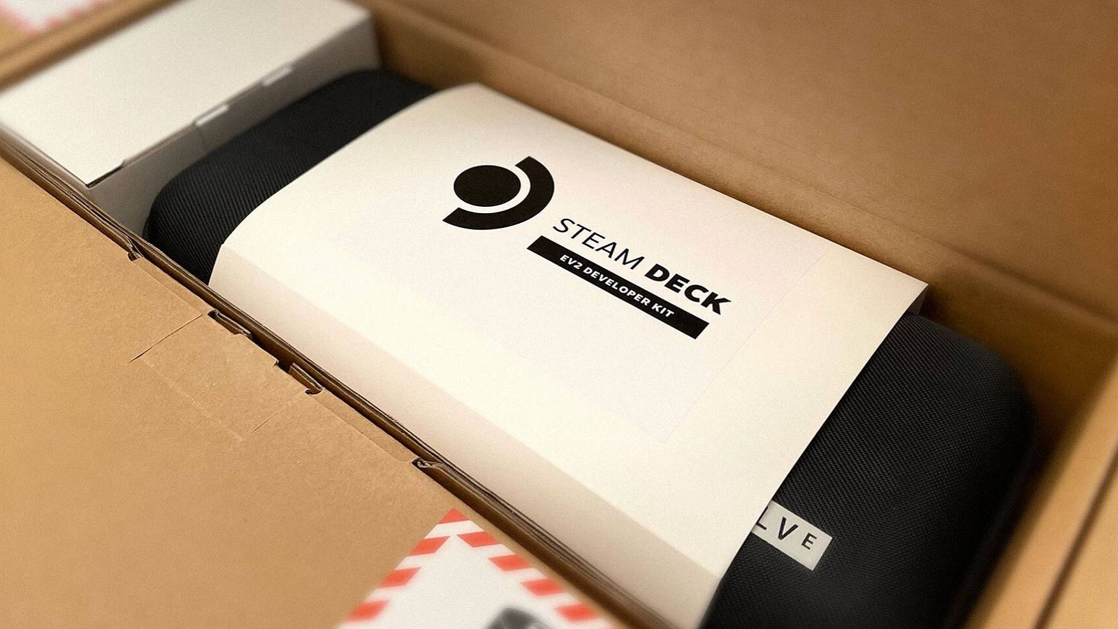 A photo of the Steam Deck development kit in a cardboard box.