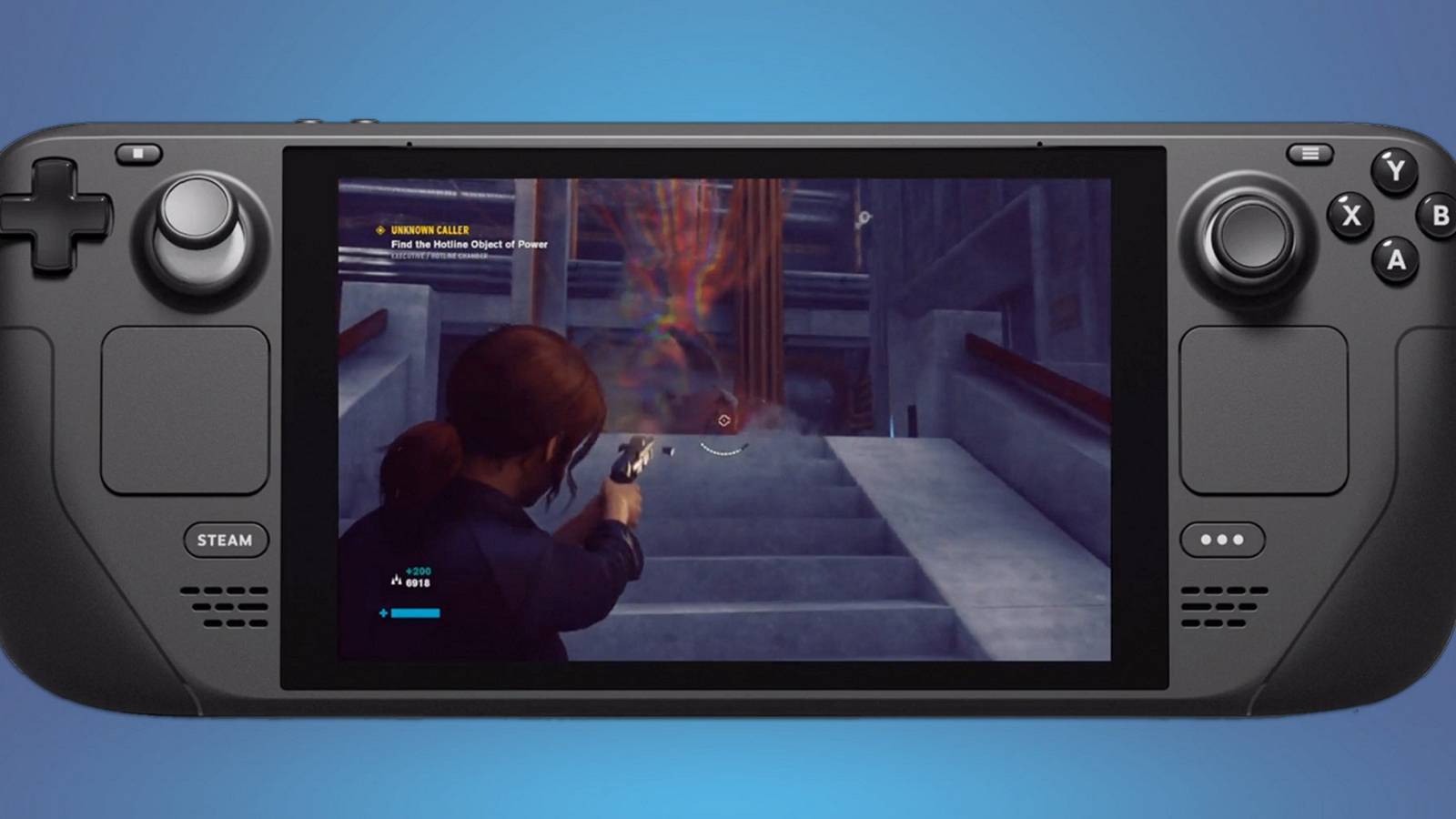 A close up photo of the Valve Steam Deck showing a screenshot from Control on the device's screen.