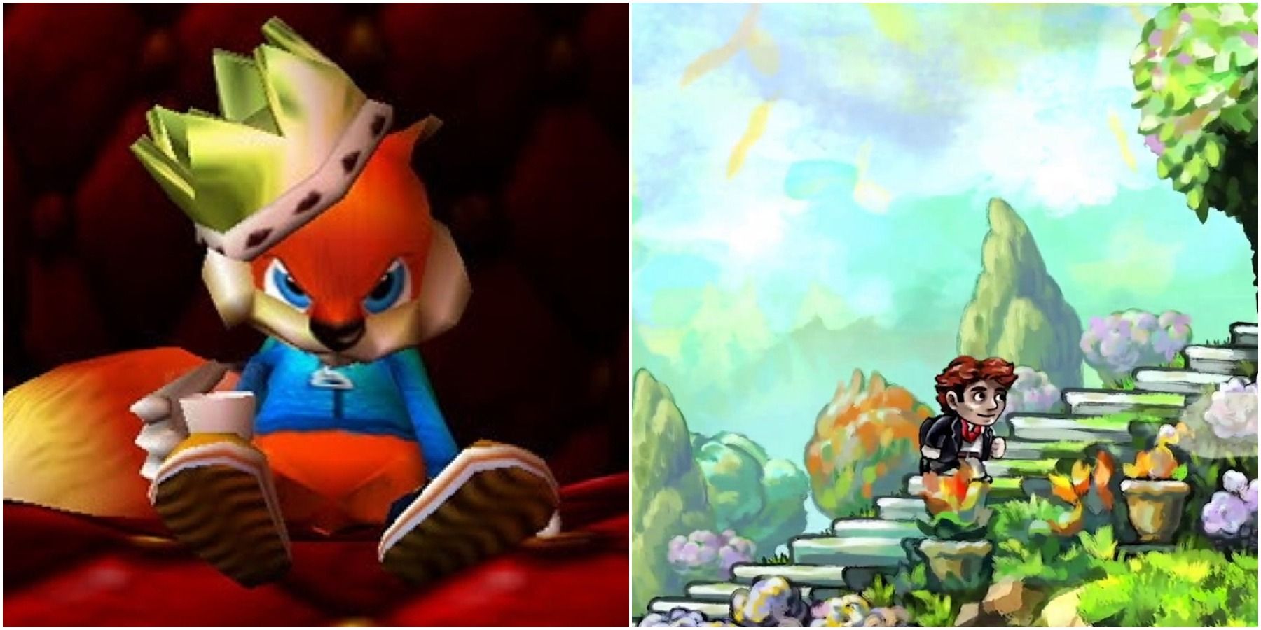(Left) Conker with a crown (Right) Braid protagonist running up stairs