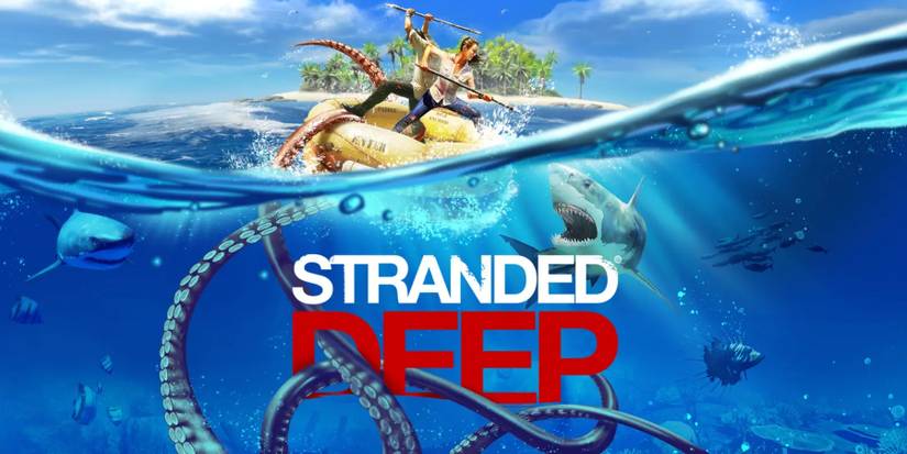 stranded deep promotional art with characters fighting off underwater creatures