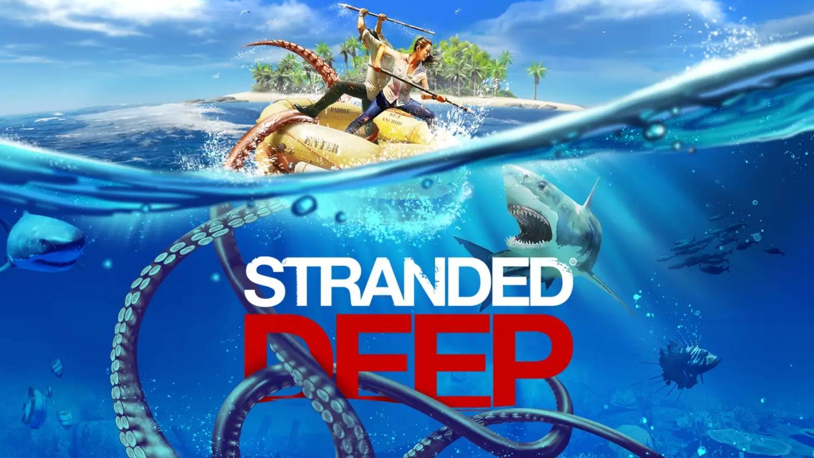stranded deep promotional art with characters fighting off underwater creatures