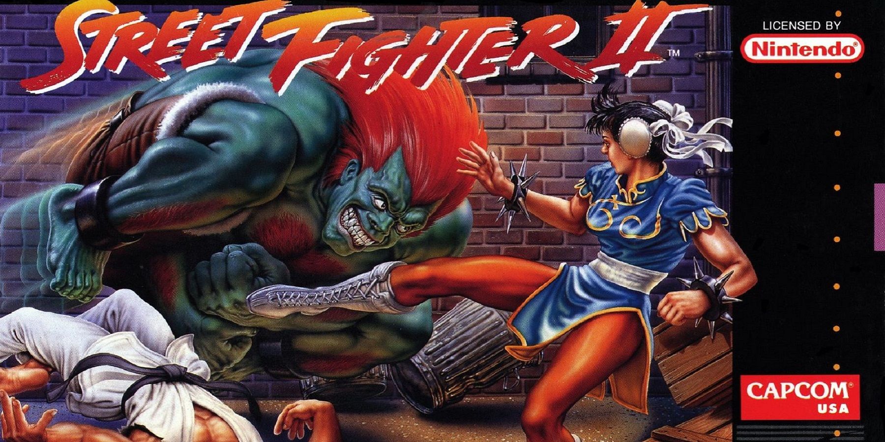 Бокс-арт для Street Fighter 2, на котором Бланка собирается атаковать Чун-Ли.
