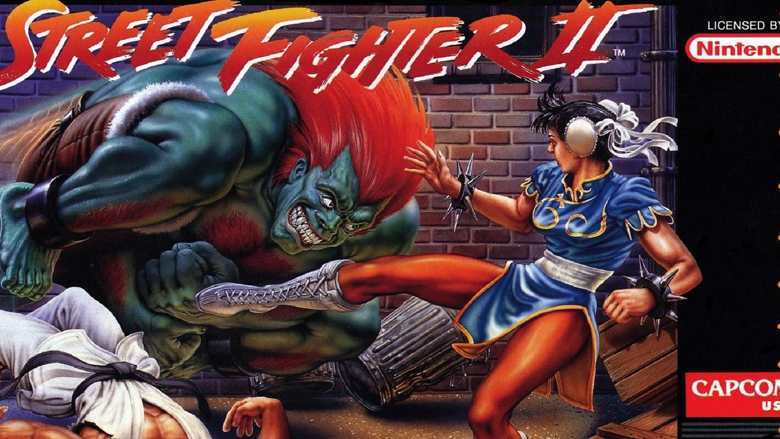 Box art for Street Fighter 2 showing Blanka about to attack Chun-Li.