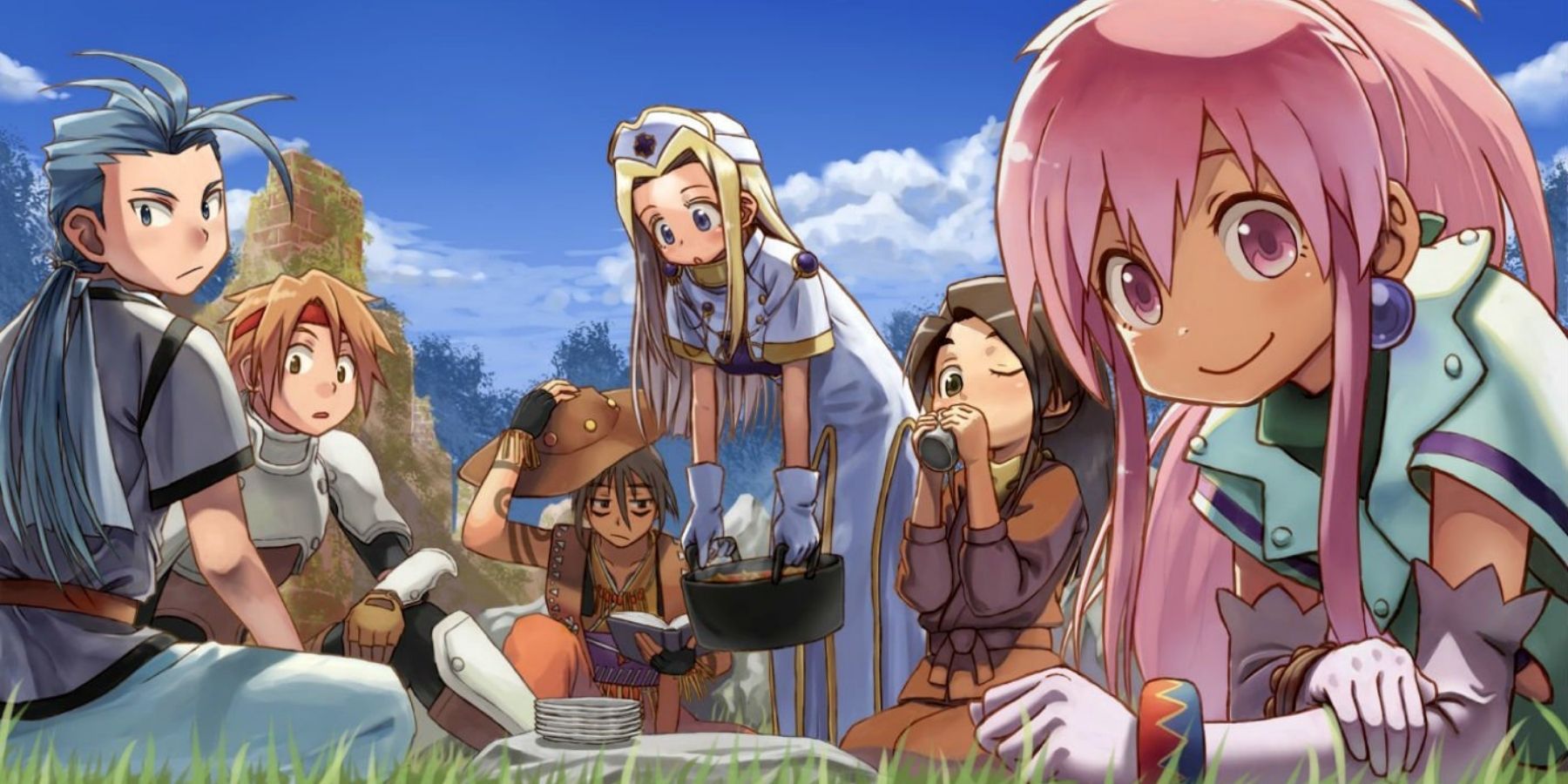 several characters having a picnic