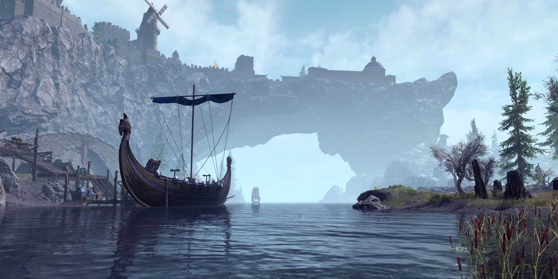A screenshot from The Elder Scrolls Online showing Solitude in the far distance as a ship sails by,