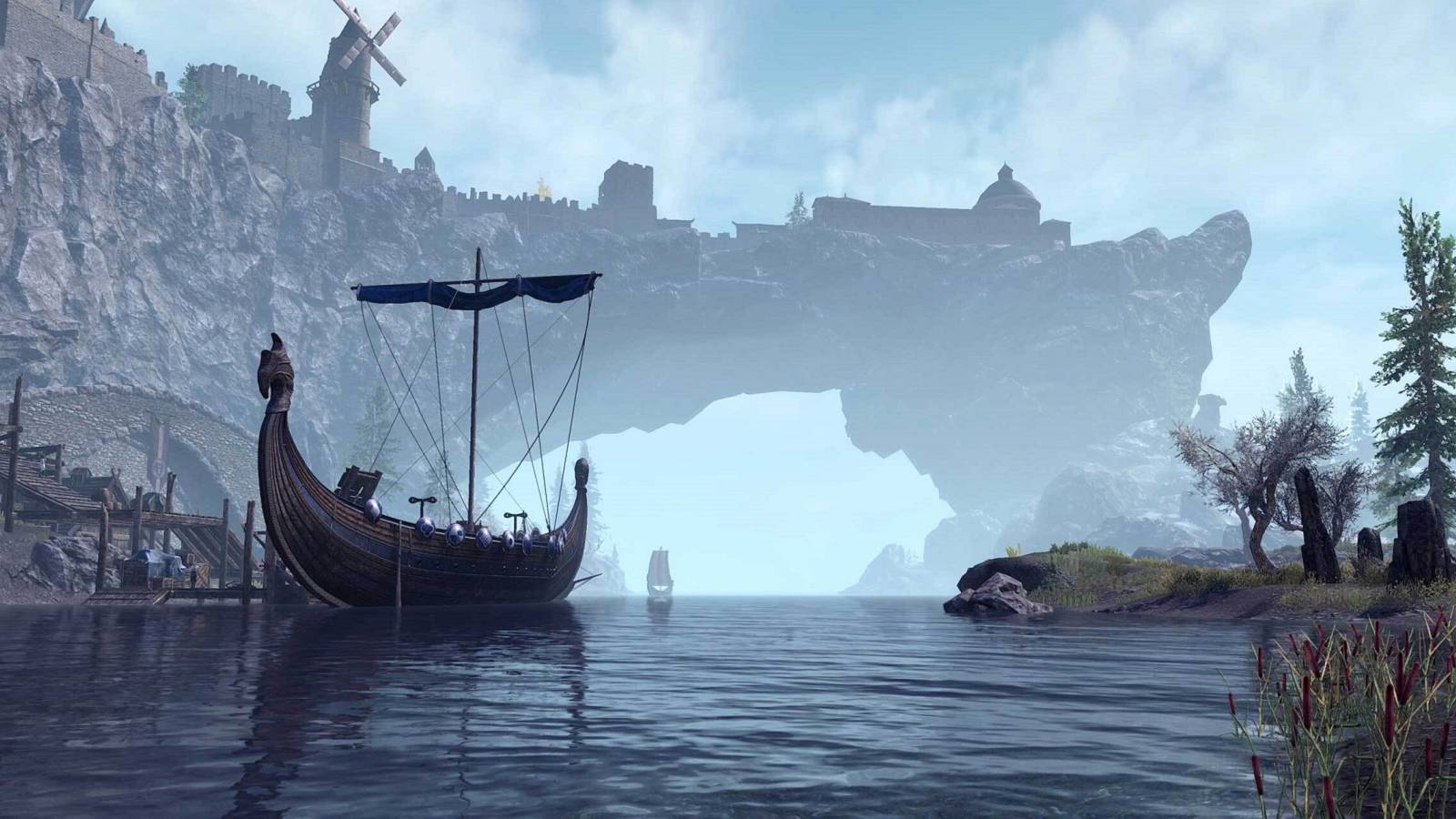 A screenshot from The Elder Scrolls Online showing Solitude in the far distance as a ship sails by,