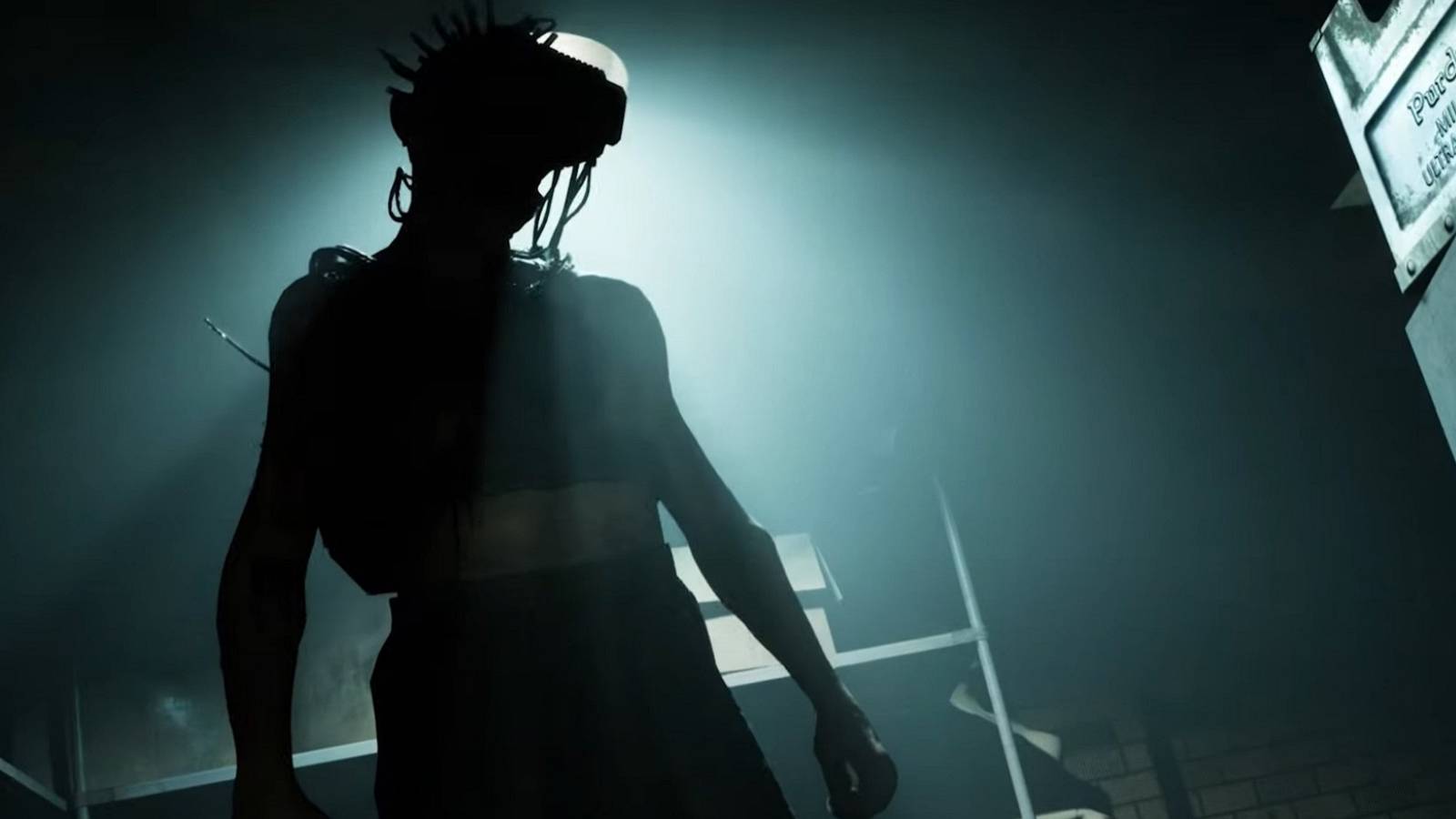 Image from Outlast Trials showing the creepy silhouette of a man in a poorly-lit room.