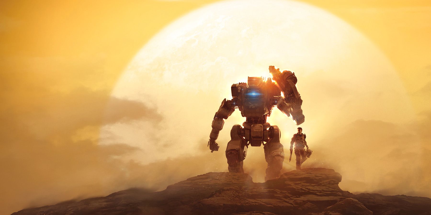 A titan standing in front of the sun with his pilot in Titanfall 2