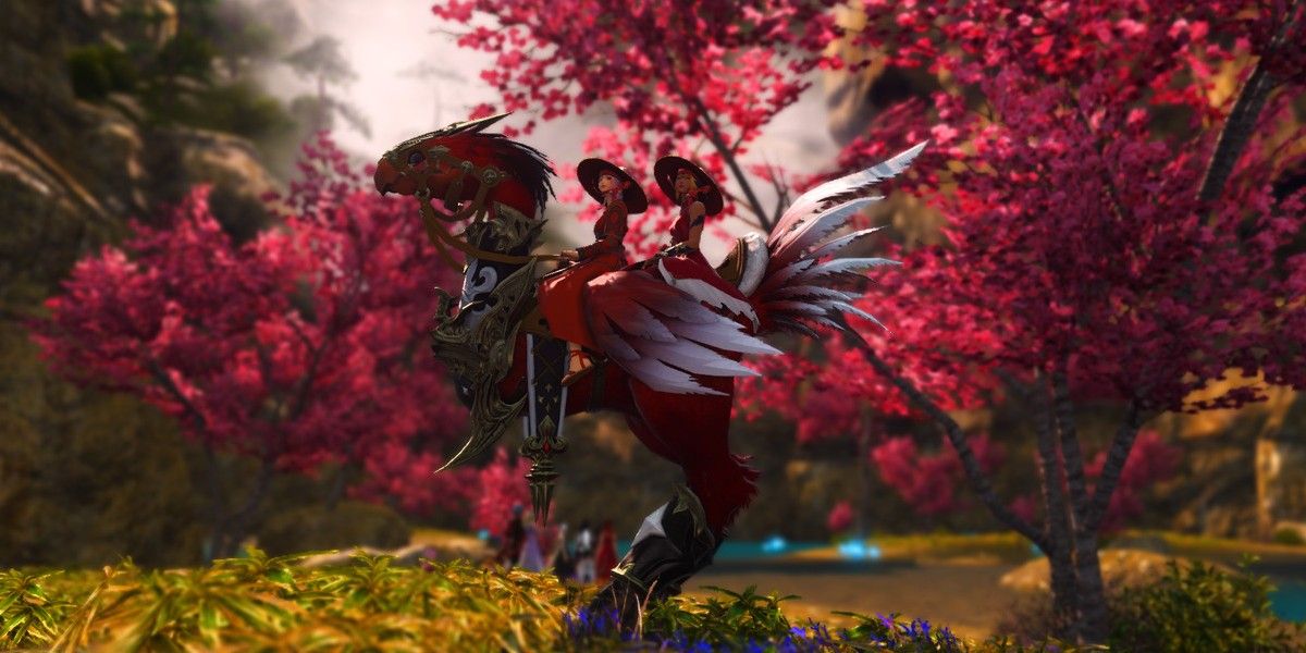 Red chocobo with two characters on its back. 