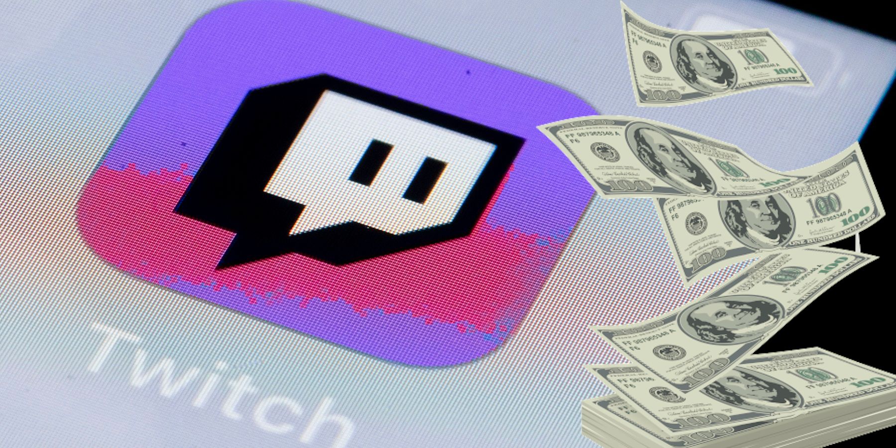 Close up image of the Twitch mobile icon, with a pile of money next to it.