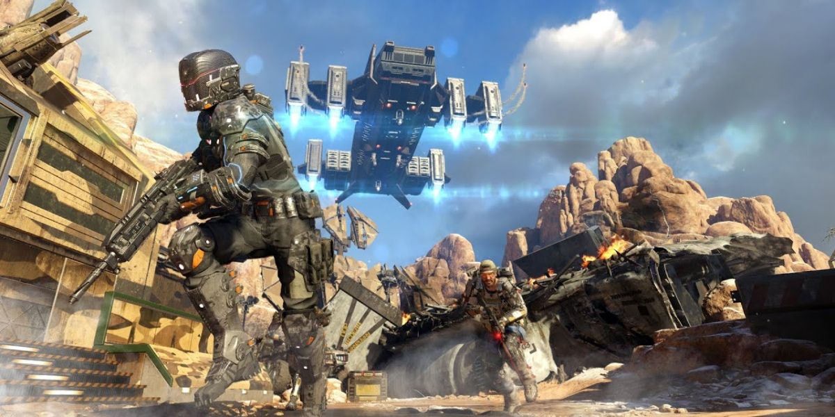 two soldiers running beneath a dropship in Call Of Duty Black Ops 3