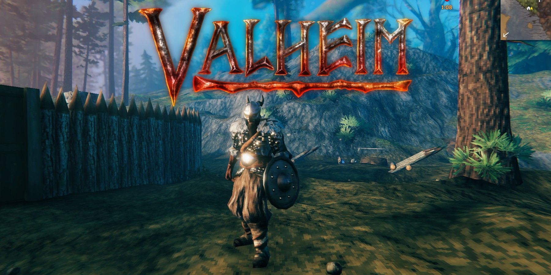 valheim player with a buckler, game title across the top