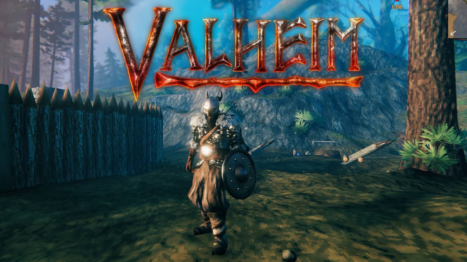 valheim player with a buckler, game title across the top
