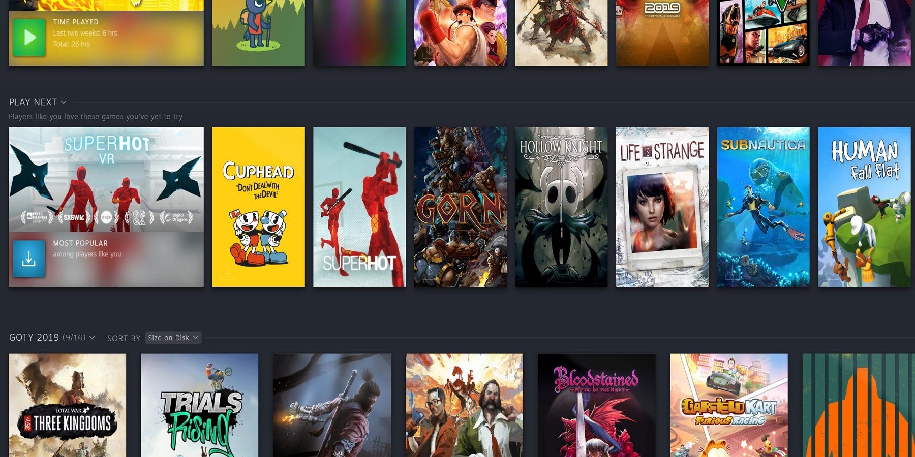 An image showing a series of Steam games, including Super Hot, Cuphead, and Life is Strange.