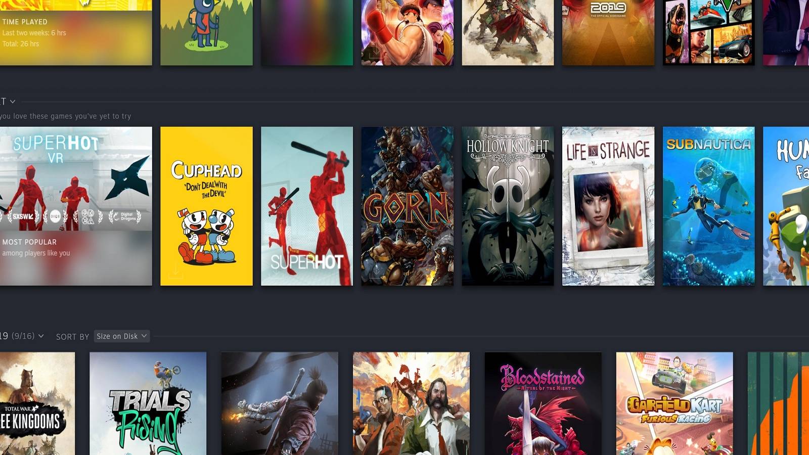An image showing a series of Steam games, including Super Hot, Cuphead, and Life is Strange.