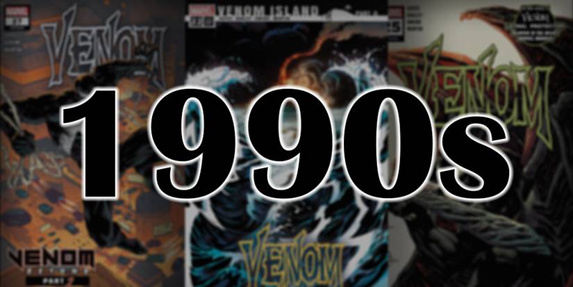 The 1990s in the foreground with three Venom comic book covers in the background.