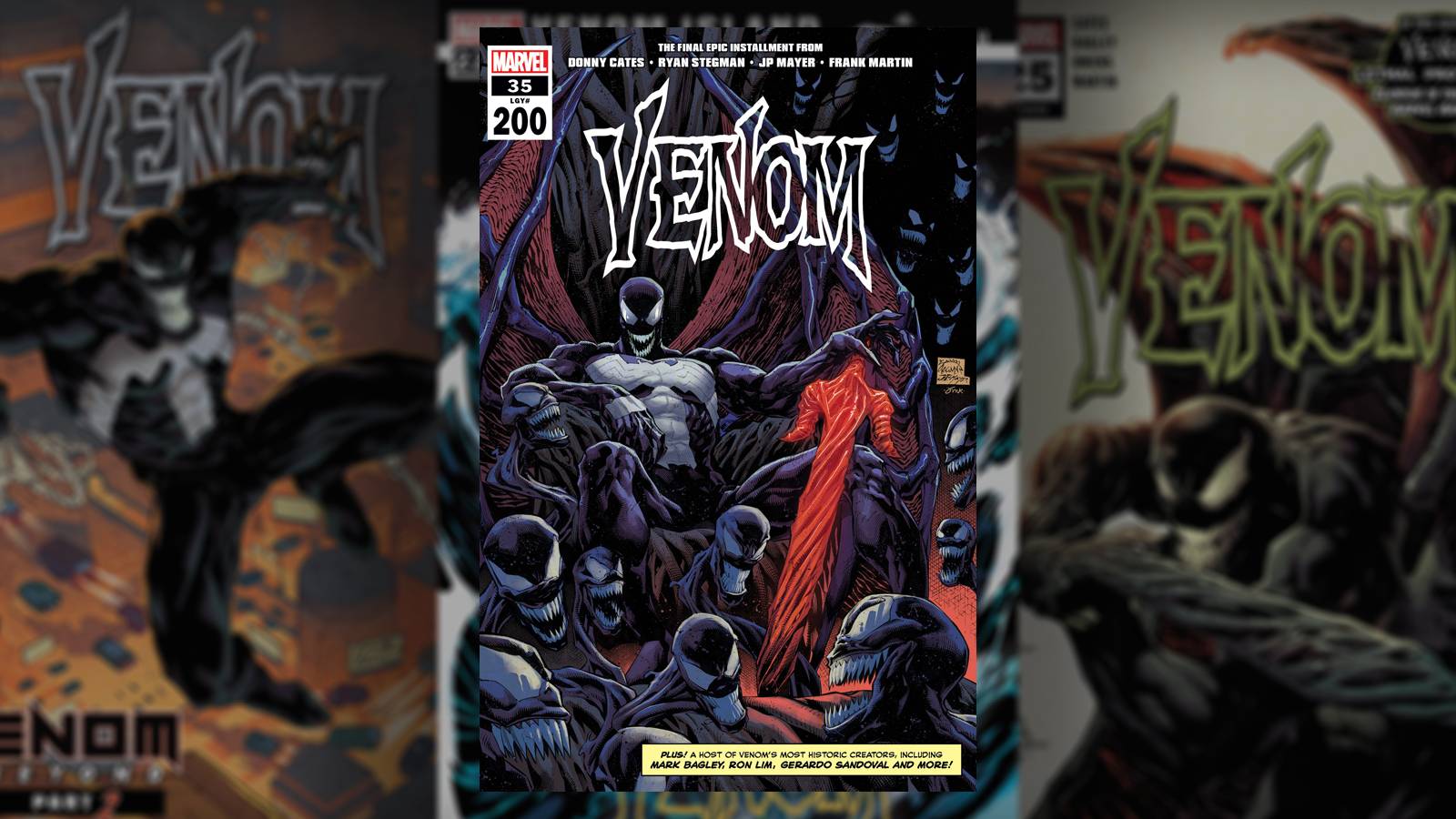 A Venom comic book cover in the foreground with three other Venom comic book covers blurred in the background.