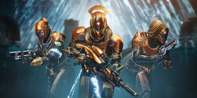 A fire team wearing full raid armor from the Vault of Glass in Destiny 2 with a Titan carrying the Vex Mythoclast. (From Left to Right: Warlock Class Guardians, Titan Class Guardian, and Hunter Class Guardian.)