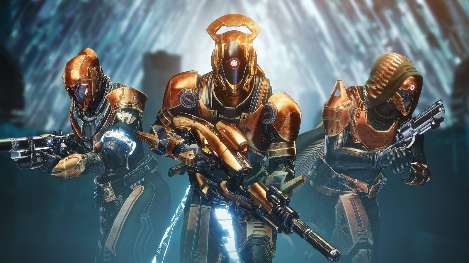 A fire team wearing full raid armor from the Vault of Glass in Destiny 2 with a Titan carrying the Vex Mythoclast. (From Left to Right: Warlock Class Guardians, Titan Class Guardian, and Hunter Class Guardian.)
