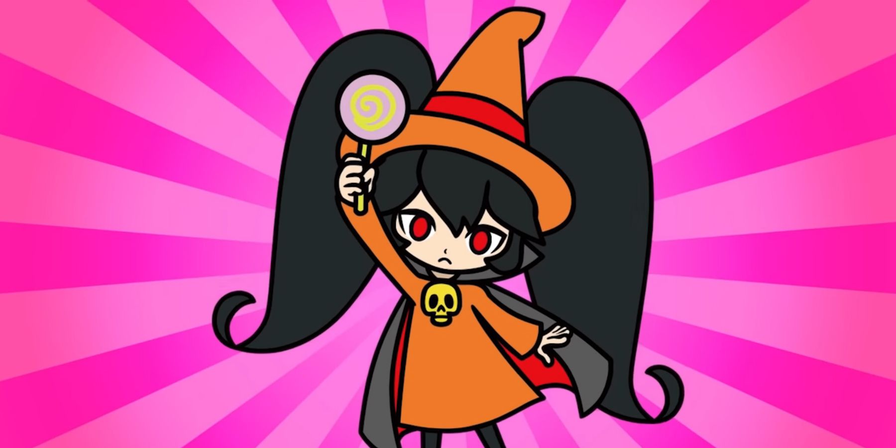 Ashley from WarioWare Gold dresses up in a Halloween costume and raises a lollipop above her head.