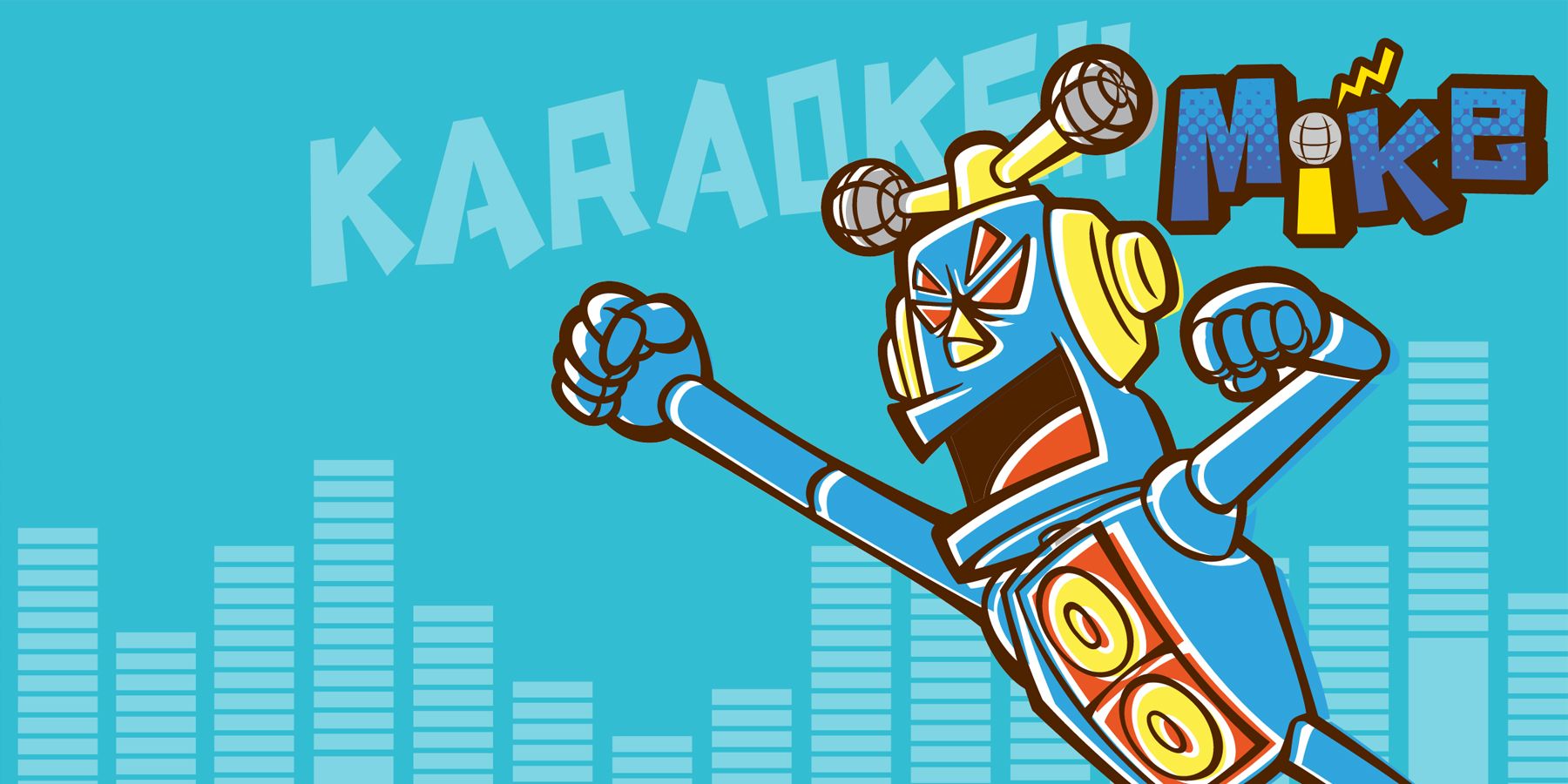 WarioWare's karaoke robot Mike pumps his fist in this promotional artwork for WarioWare: Touched!