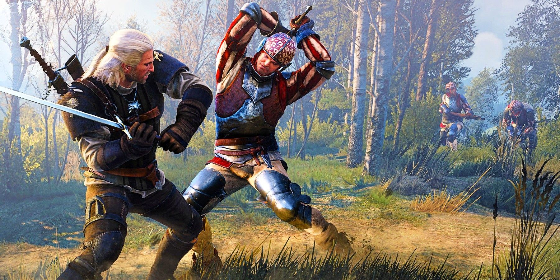 geralt swinging his sword at a soldier