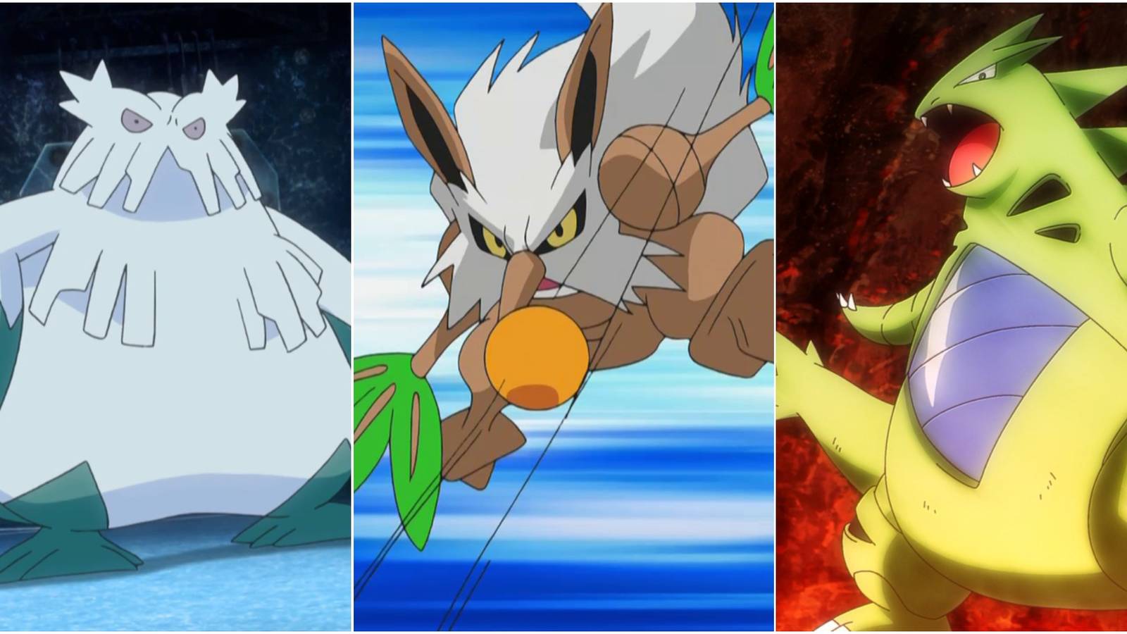 Left to right: Abomasnow, Shiftry, Tyranitar