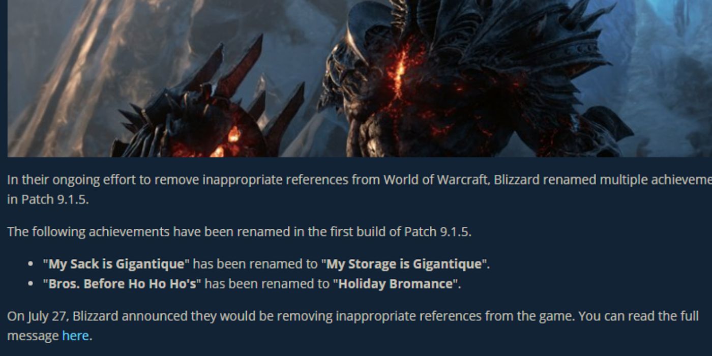 WoW 9.15 Patch Notes Inappropriate Achievements
