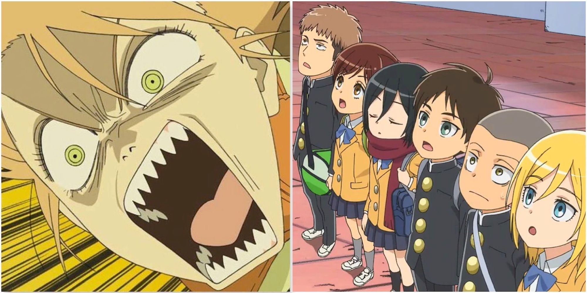 Haruko from FLCL and A scene featuring characters from Attack On Titan: Junior High