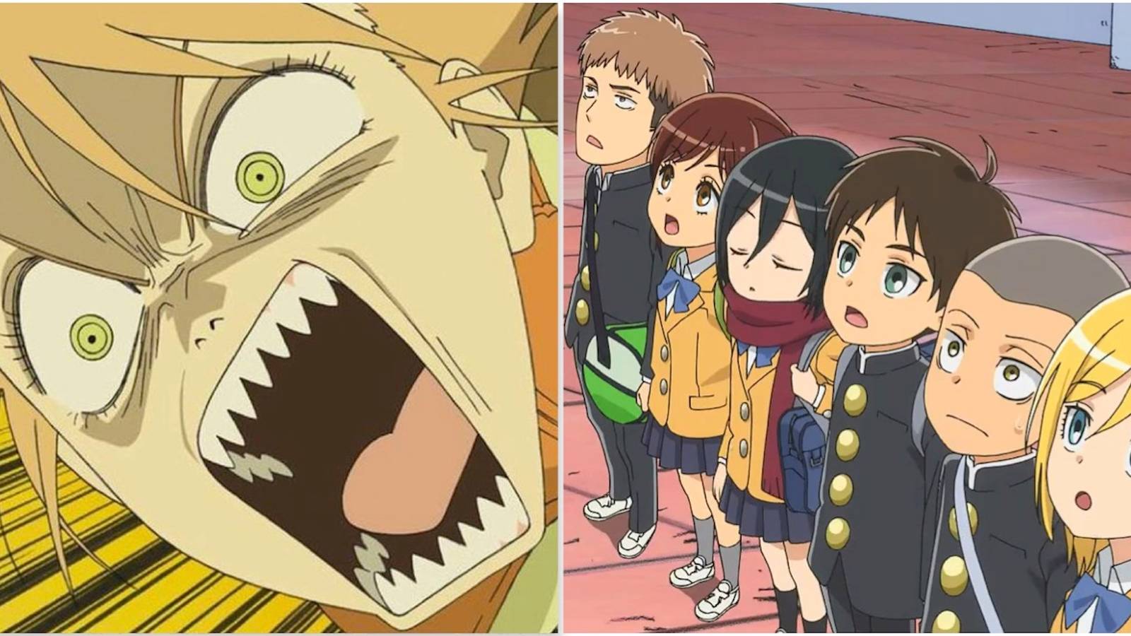 Haruko from FLCL and A scene featuring characters from Attack On Titan: Junior High