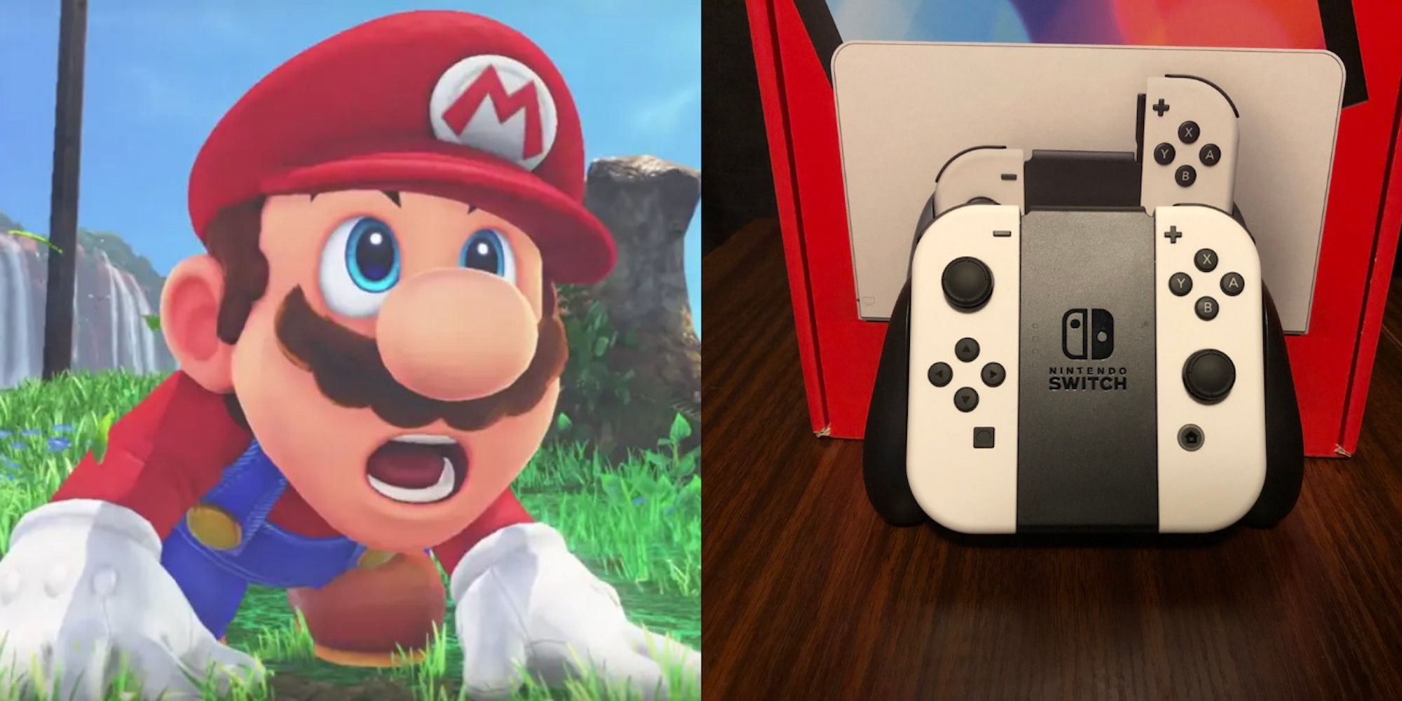 Mario looking at the Switch OLED