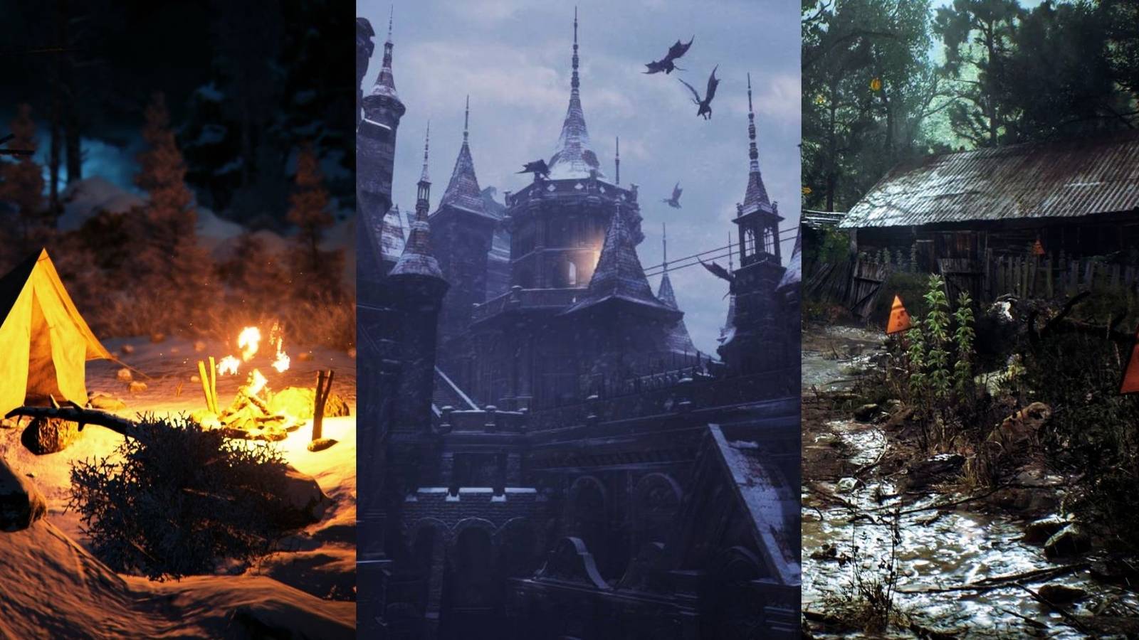 Kholat, Resident Evil 8, and Chernobylite settings