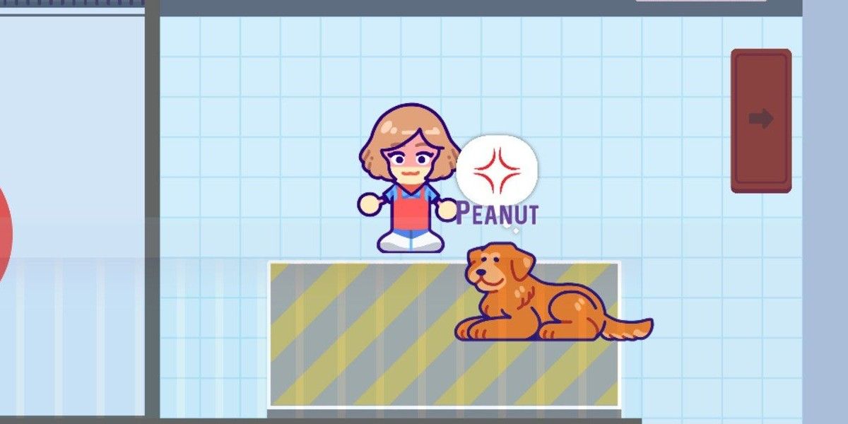 Character looking at dog named Peanut.