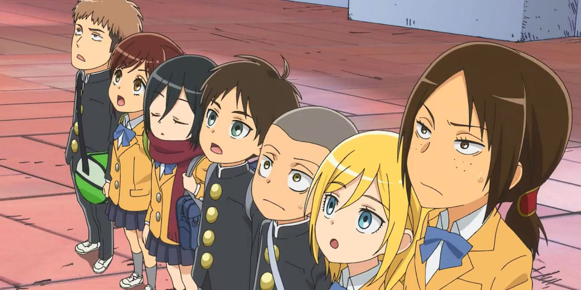A scene featuring characters from Attack On Titan: Junior High