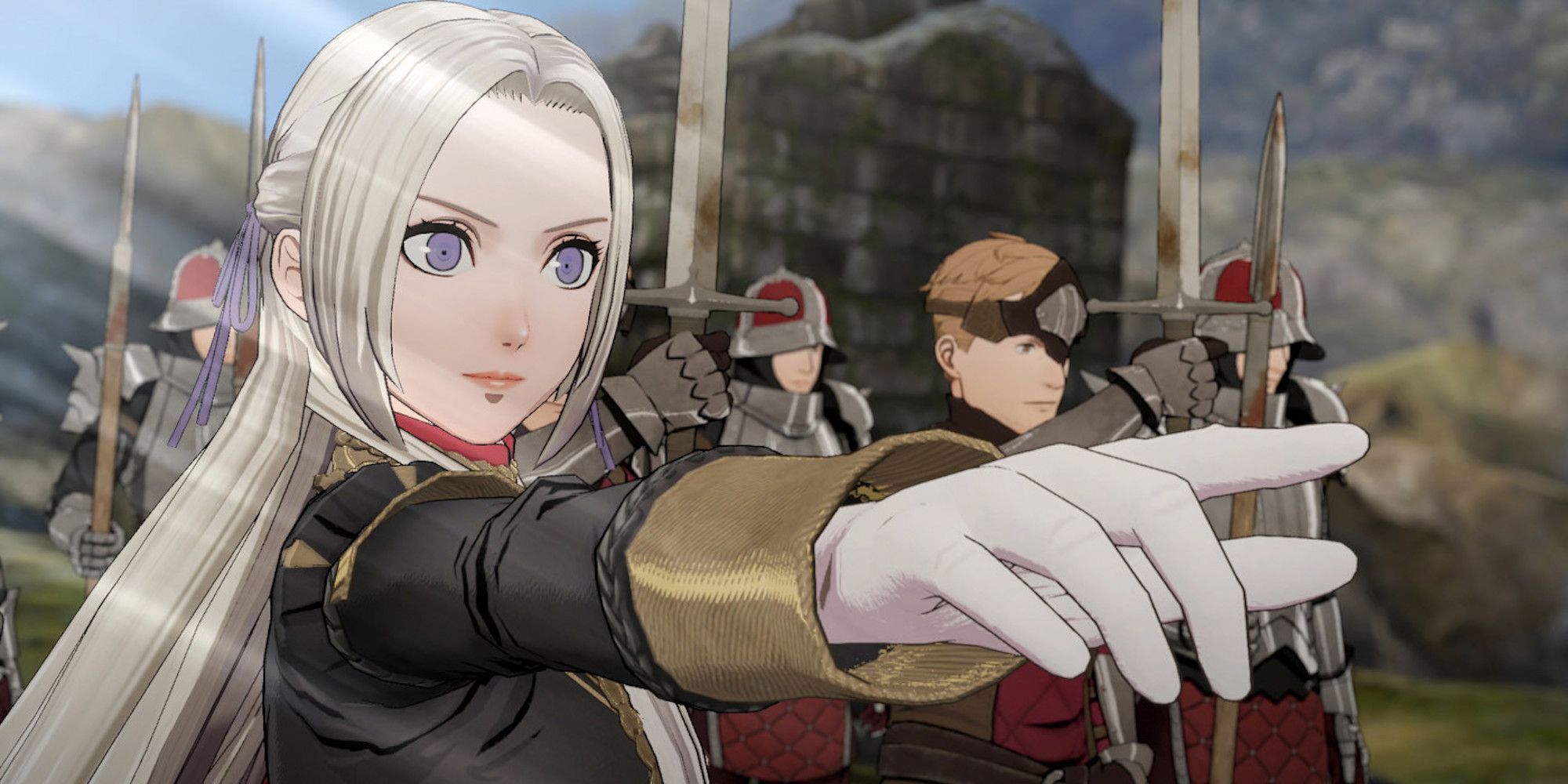 A cutscene featuring multiple characters in Fire Emblem Three Houses