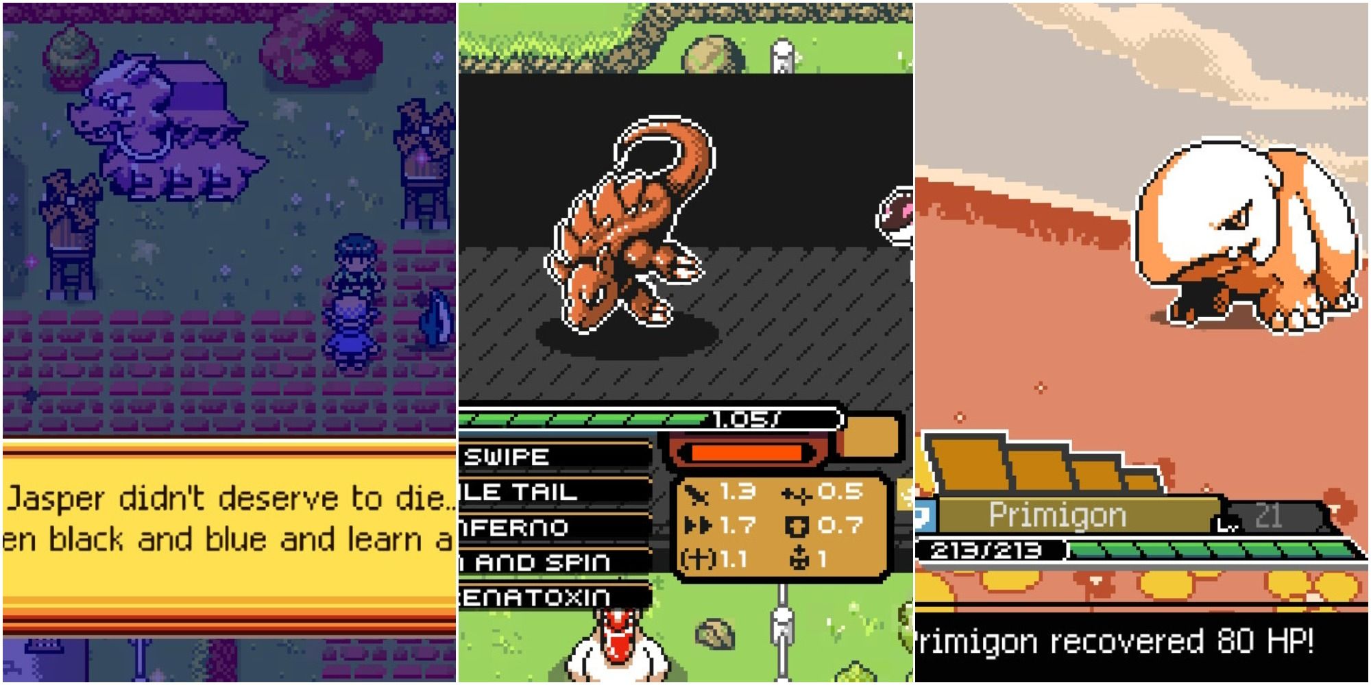 main character having a conversation; menu image of a monsters stats; a monster in battle