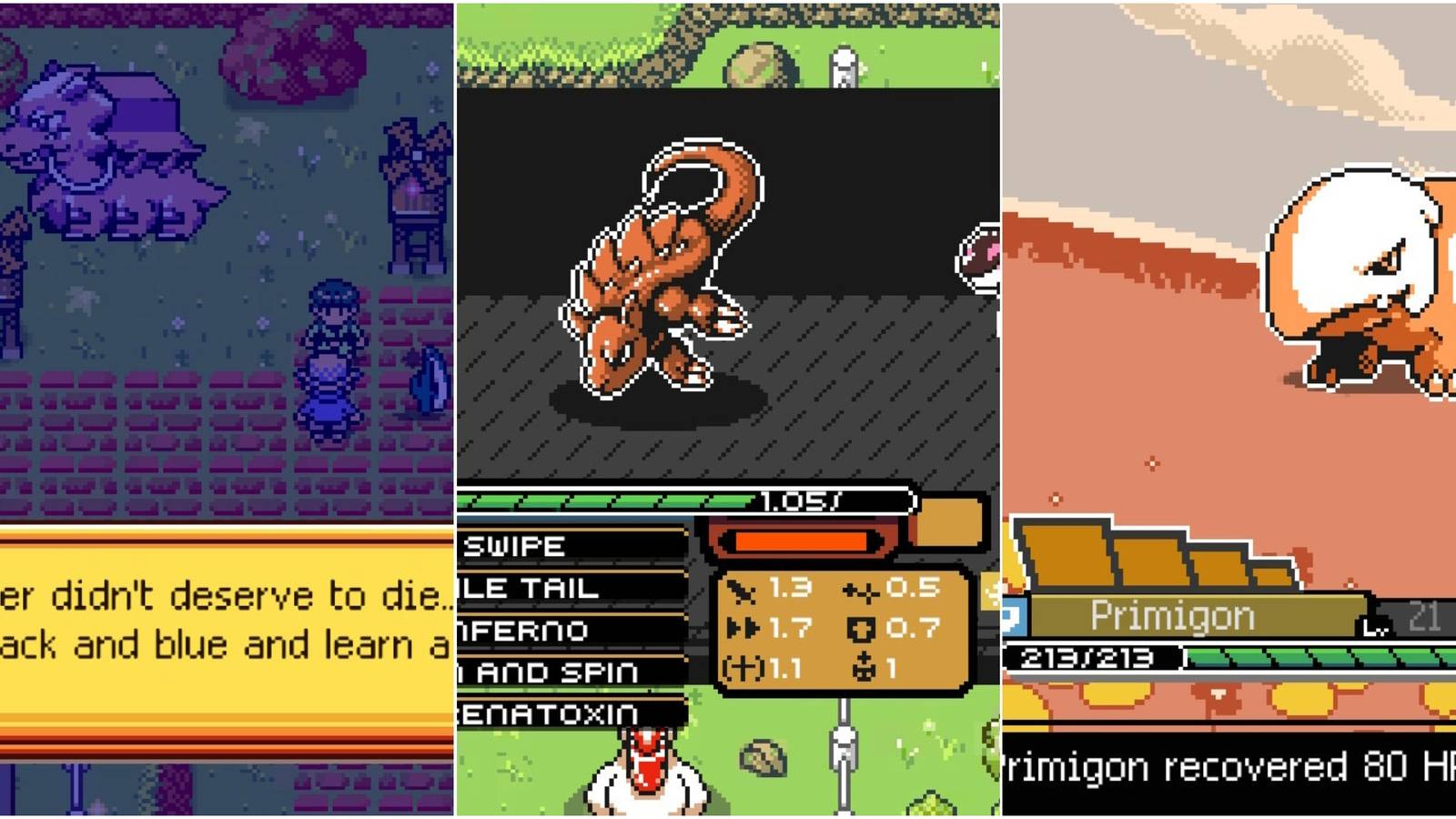 main character having a conversation; menu image of a monsters stats; a monster in battle