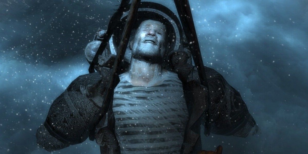 Frozen hanging man with no arms Cryostasis: Sleep of Reason