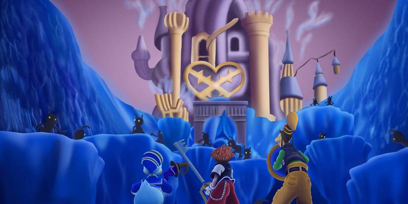 Sora, Donald, and Goofy looking at Hollow Bastion. 