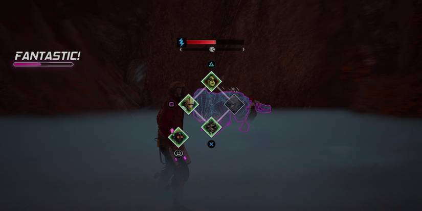 mid battle scene with a radial menu with each of the Guardians faces around it in green-ringed diamonds