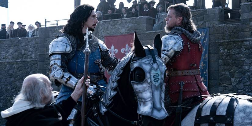 Adam Driver and Matt Damon in the climactic duel in The Last Duel