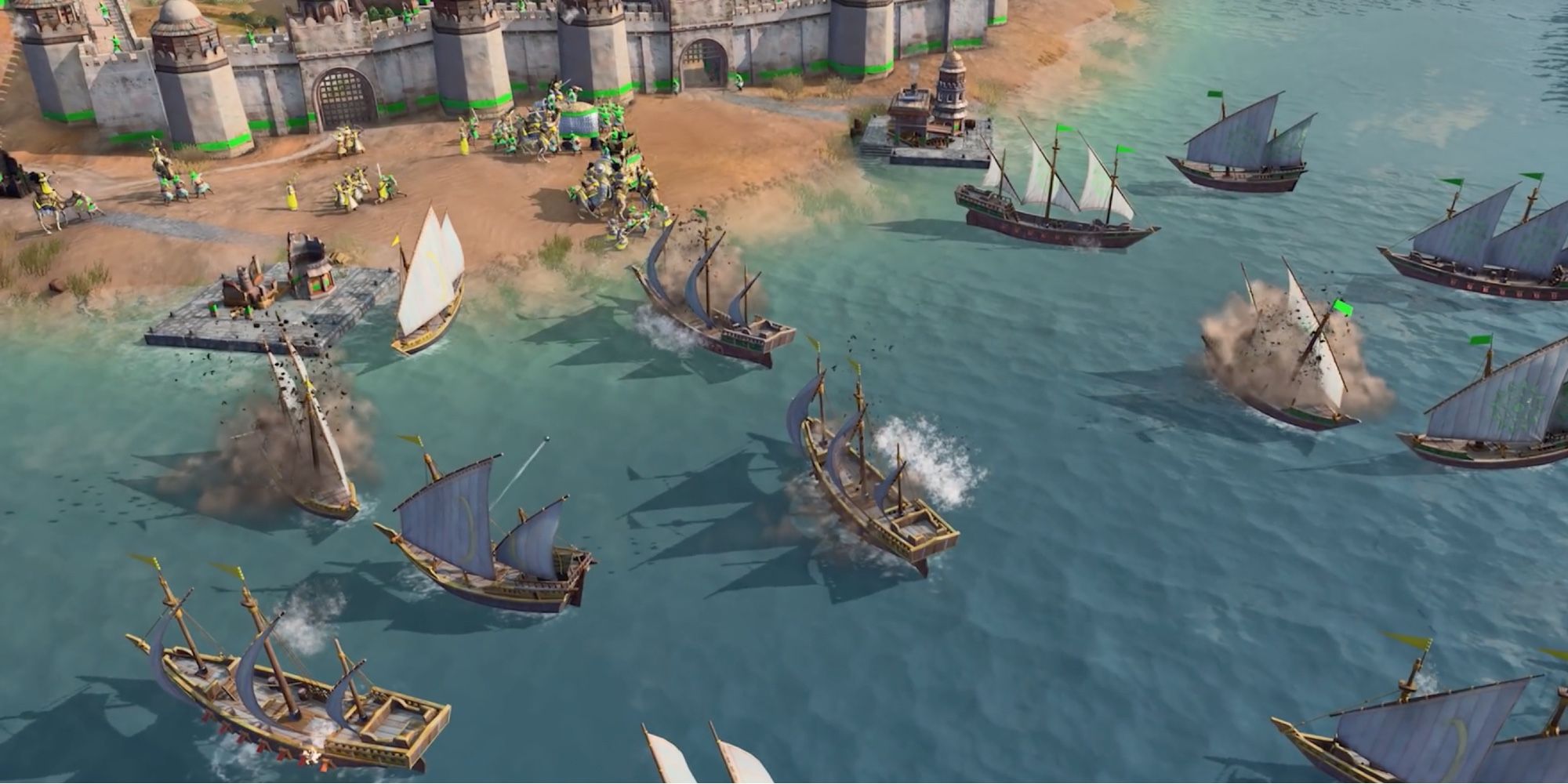 Age of Empires 4 - Ships attacking enemies on the coastline
