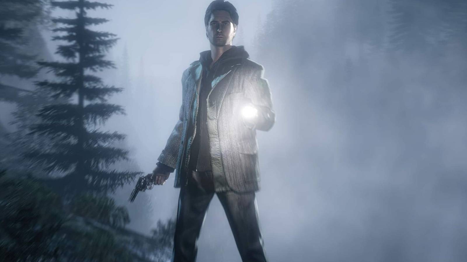 Alan Wake holding a torch and gun