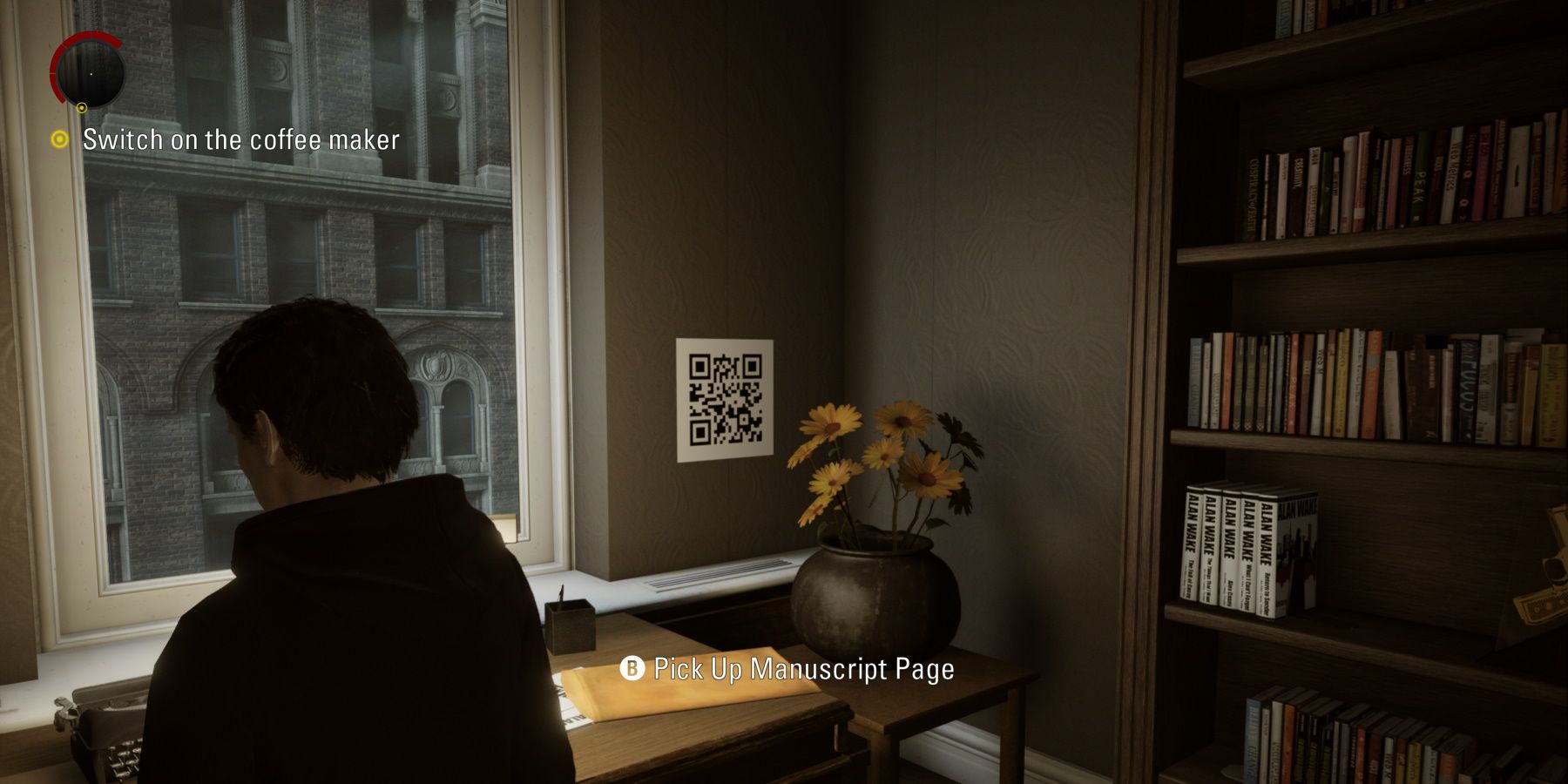 Alan Wake Remastered alan in front of manuscript page in his study